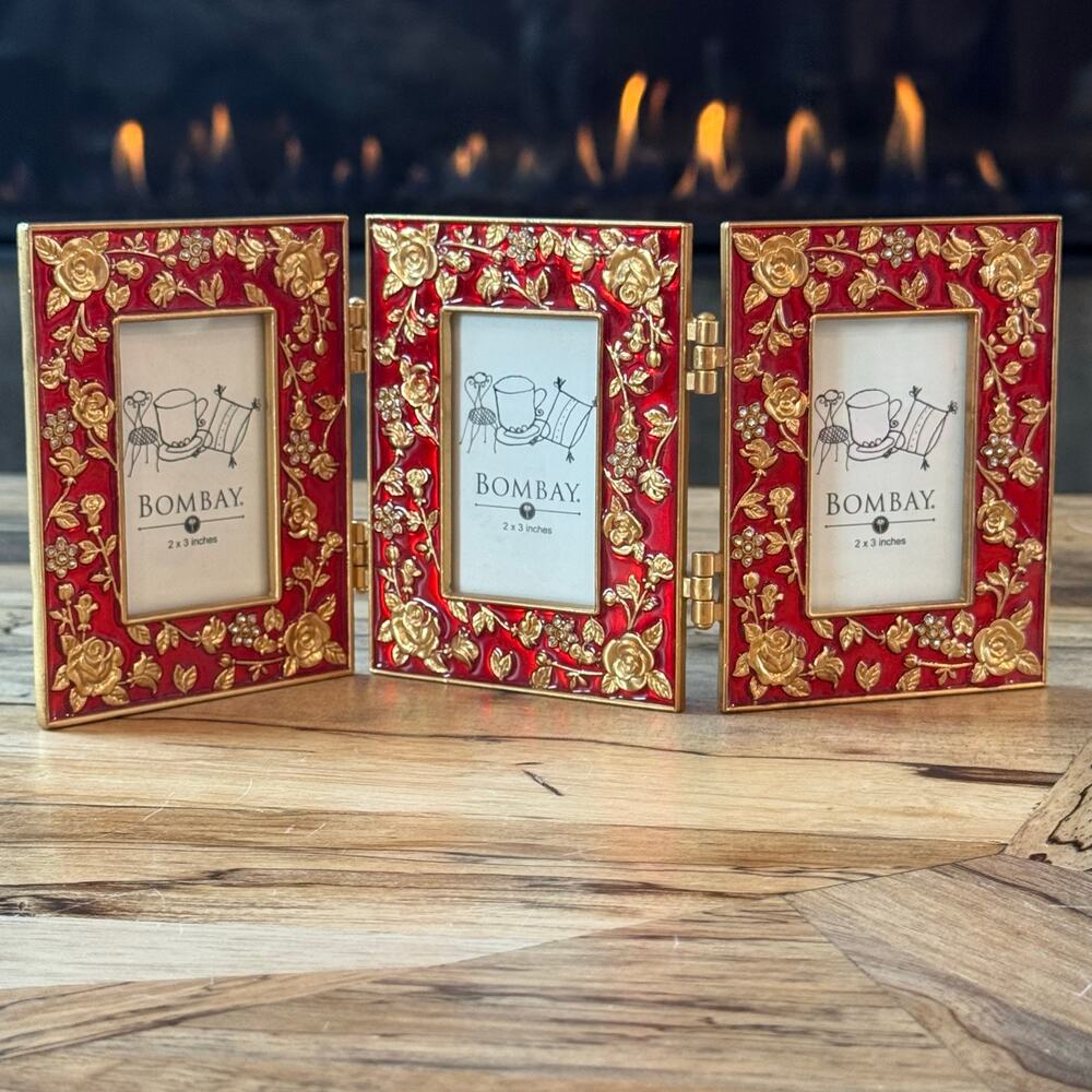 Vintage Bombay Co Red Enamel Gold Rose Triptych Hinged Triple 2x3 Photo Frame